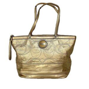 Gold COACH Signature Metallic Tote Bag With Logo & Zip Closure
